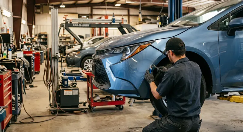 Technician aligning a front bumper and fender during collision repair