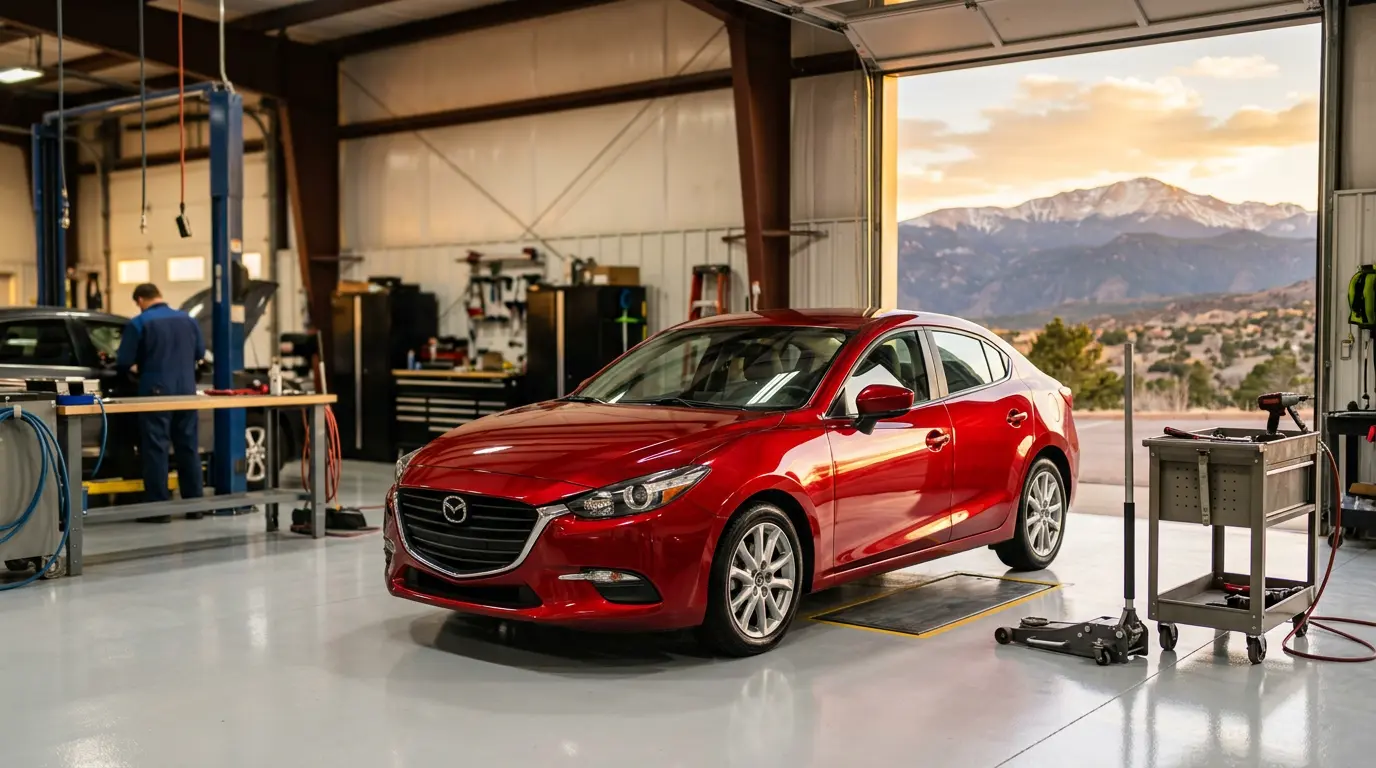 Freshly repaired red sedan inside the Colorado Auto Body shop with Pikes Peak in view