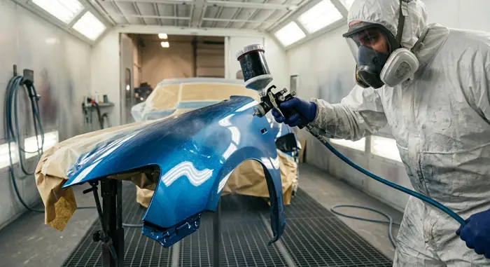 Technician spraying metallic blue paint in a paint booth